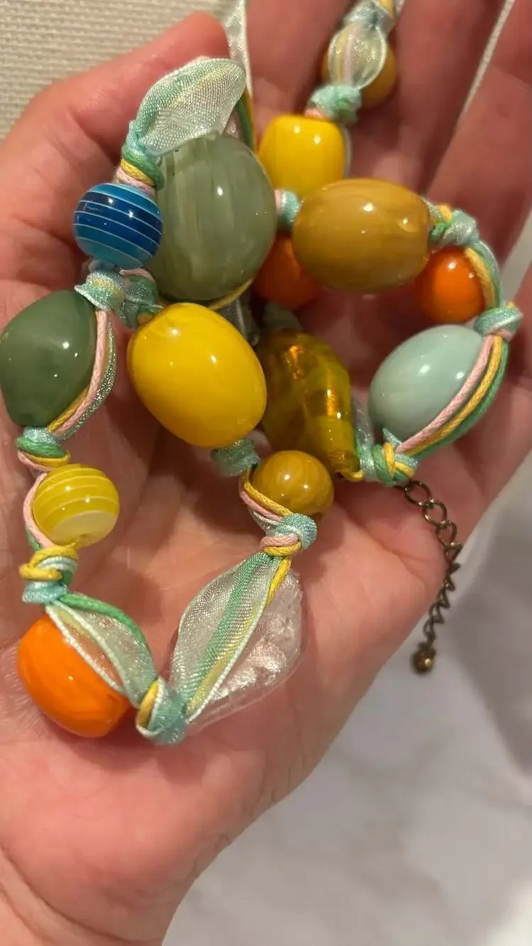 Bohemian Multi-Color Resin Glass Bead Statement Necklace Ribbon Cord
